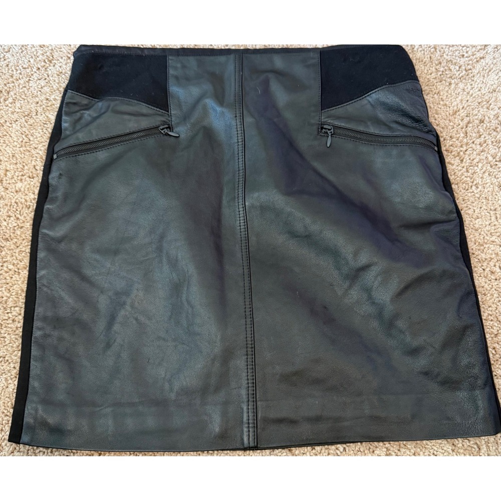 Theory Black Leather Mixed Media Mini Skirt Zip Pockets Size 6 Italian Leather